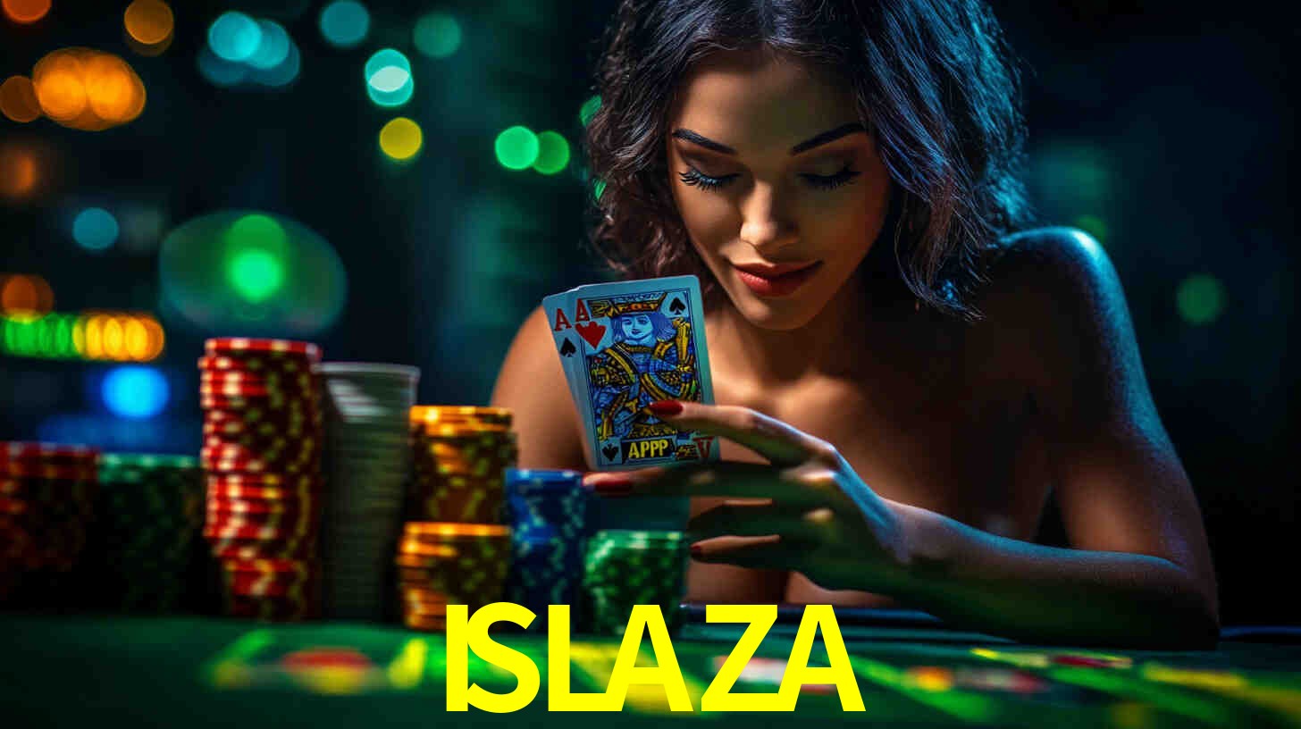 Una escena digital vívida inspirada en casino con ISLAZA mostrado prominentemente, luces brillantes, fichas, cartas y acentos dorados.