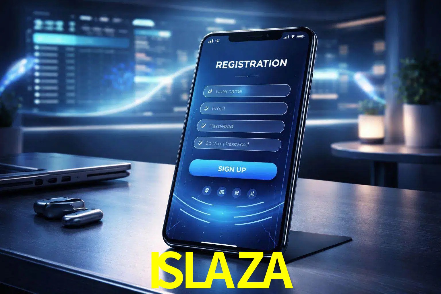 Una interfaz moderna de registro móvil para ISLAZA mostrada en un smartphone con un panel de apuestas elegante.